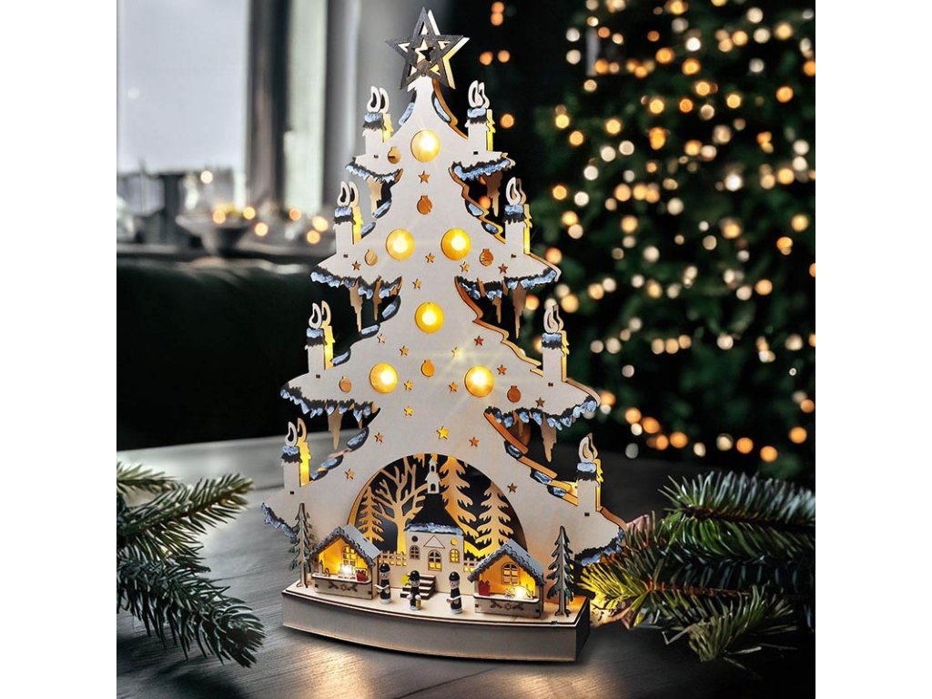 Solight LED drevený vianočný stromek s dekoráciami, 23x LED, prírodná farba, 64cm, 2x AA