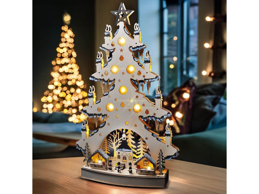 Solight LED drevený vianočný stromek s dekoráciami, 23x LED, prírodná farba, 64cm, 2x AA