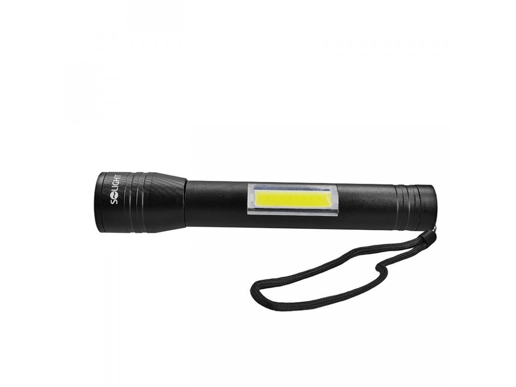 Solight LED kovové svietidlo 3W + COB, 150 + 120lm, 2x AA, čierna
