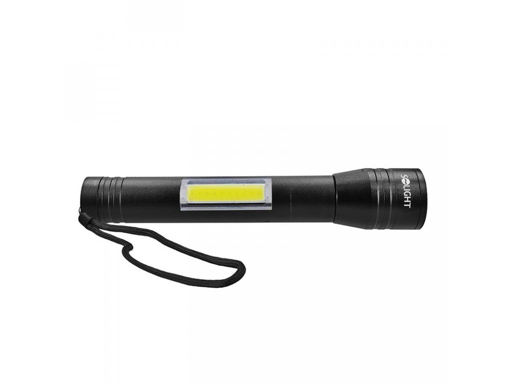 Solight LED kovové svietidlo 3W + COB, 150 + 120lm, 2x AA, čierna
