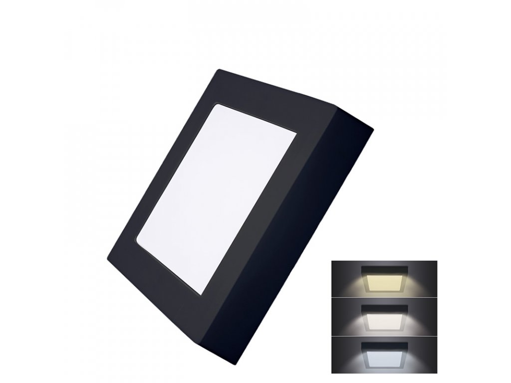 Solight LED mini panel CCT, prisazený, 12W, 900lm, 3000K, 4000K, 6000K, štvorcový, čierna farba