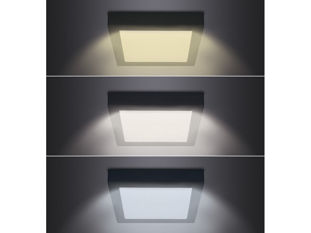 Solight LED mini panel CCT, prisazený, 12W, 900lm, 3000K, 4000K, 6000K, štvorcový, čierna farba