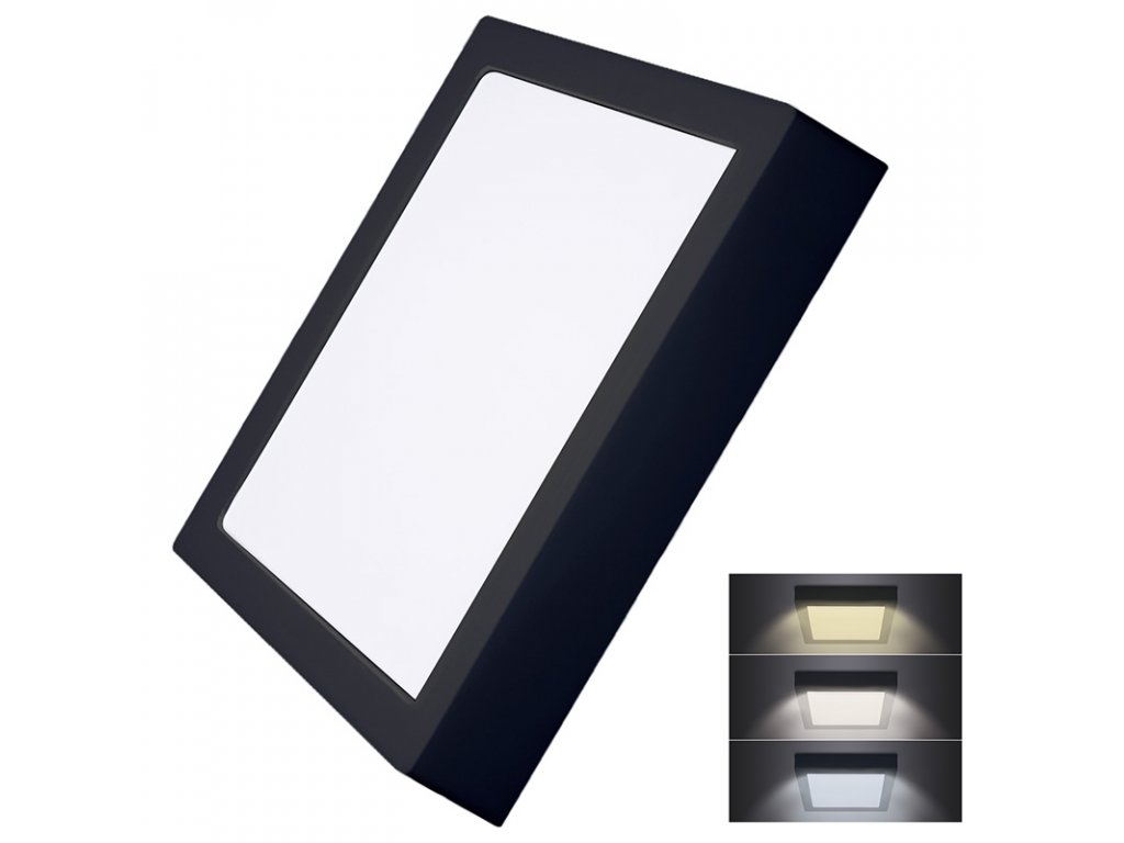 Solight LED mini panel CCT, prisazený, 24W, 1800lm, 3000K, 4000K, 6000K, štvorcový, čierna farba