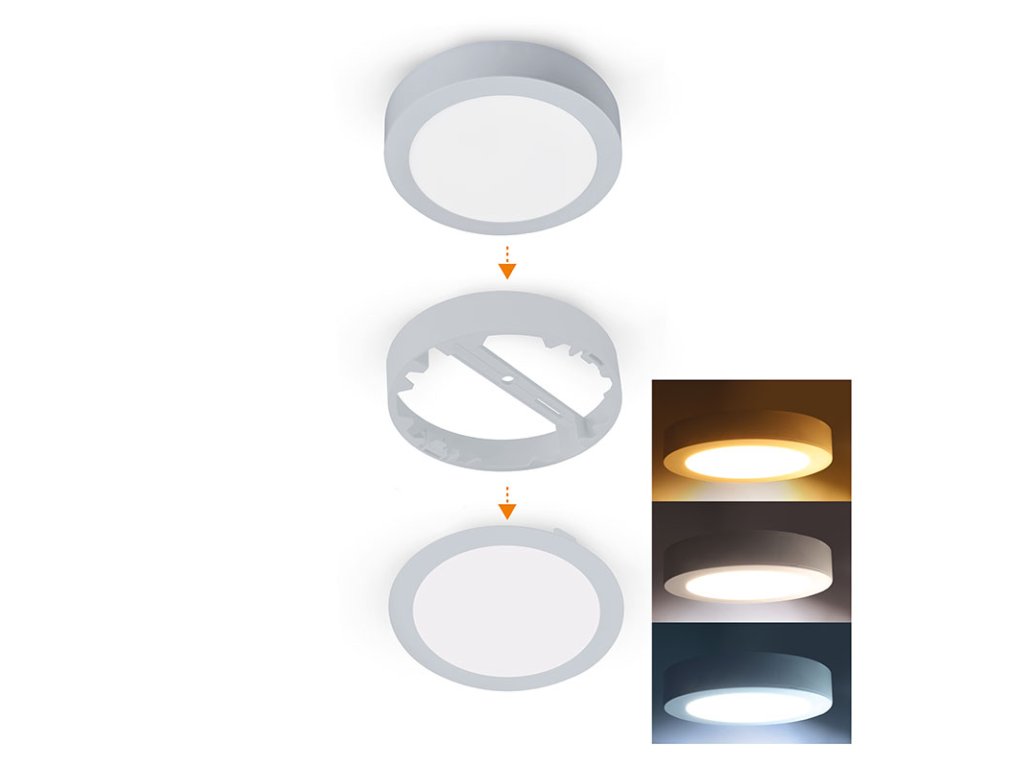 Solight LED mini panel kúpeľňový 2v1, 3CCT, podhľadový / prisadený, 12W, 1020lm, IP54, strieborna, okrúhly