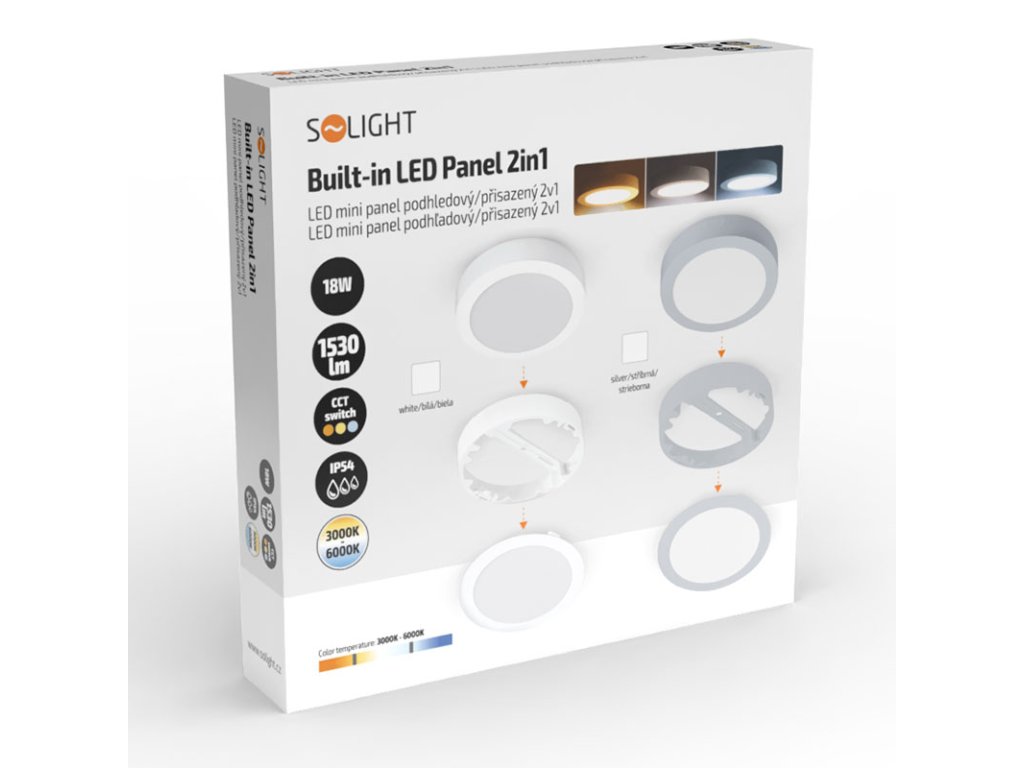 Solight LED mini panel kúpeľňový 2v1, 3CCT, podhľadový / prisadený, 18W, 1530lm, IP54, strieborna, okrúhly