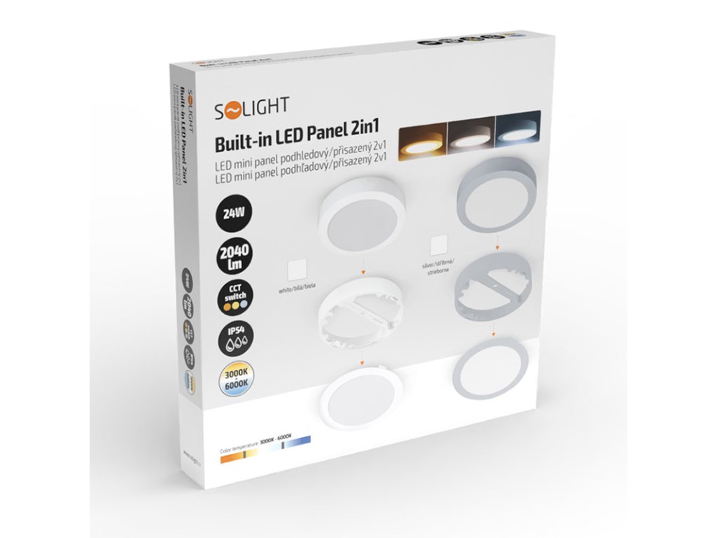 Solight LED mini panel kúpeľňový 2v1, 3CCT, podhľadový / prisadený, 24W, 2040lm, IP54, strieborna, okrúhly