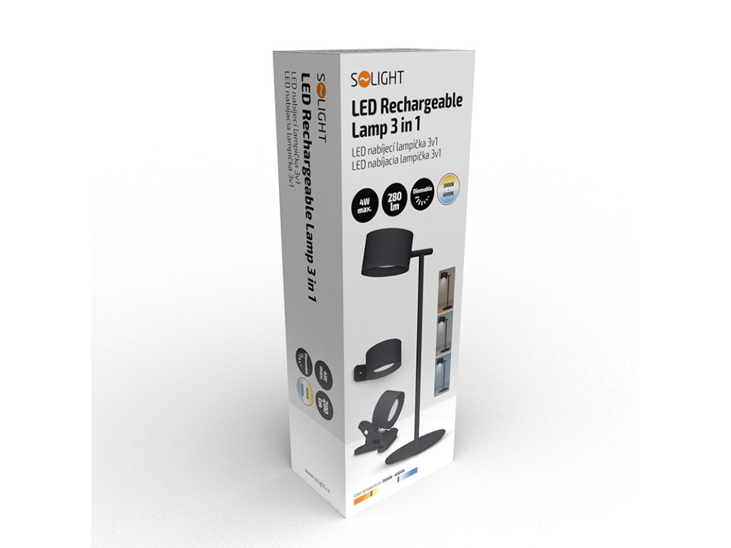Solight LED nabíjacia lampička 3v1, 280lm, zmena CCT, stmievanie, čierna