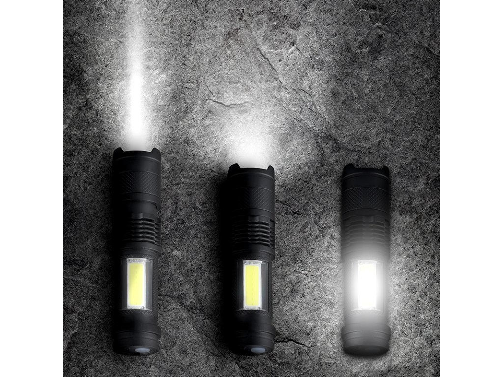 Solight LED nabíjacie vreckové svietidlo so zoomom, 100lm + 70lm, Li-Ion, USB, čierna