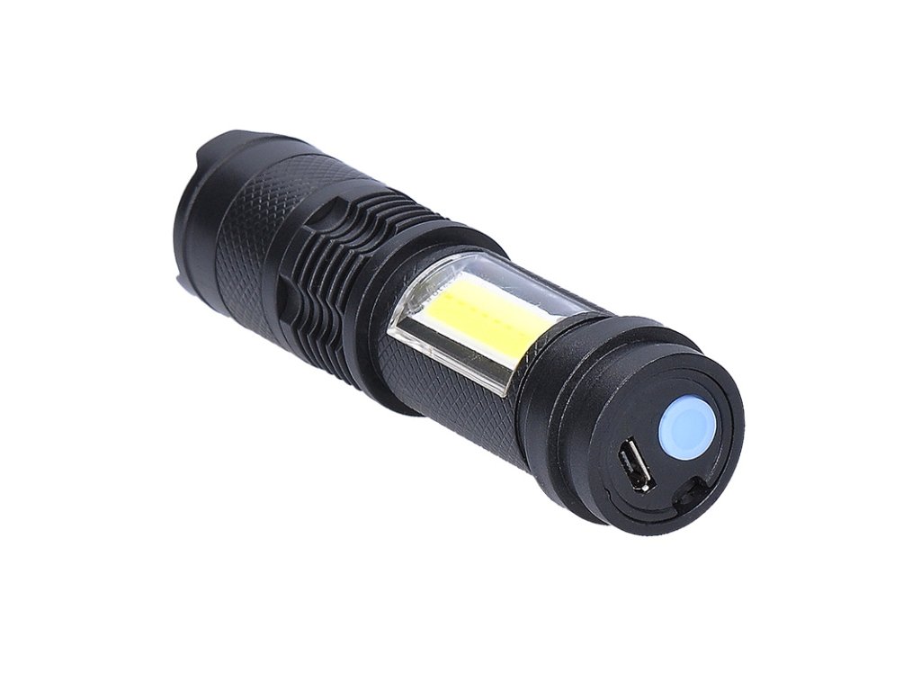 Solight LED nabíjacie vreckové svietidlo so zoomom, 100lm + 70lm, Li-Ion, USB, čierna