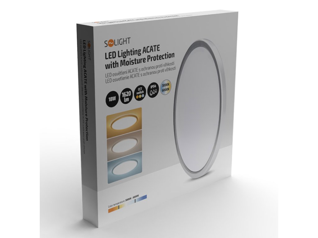 Solight LED osvetlenie Acate s ochranou proti vlhkosti, IP54, 18W, 1620lm, 3CCT, 22cm, strieborná