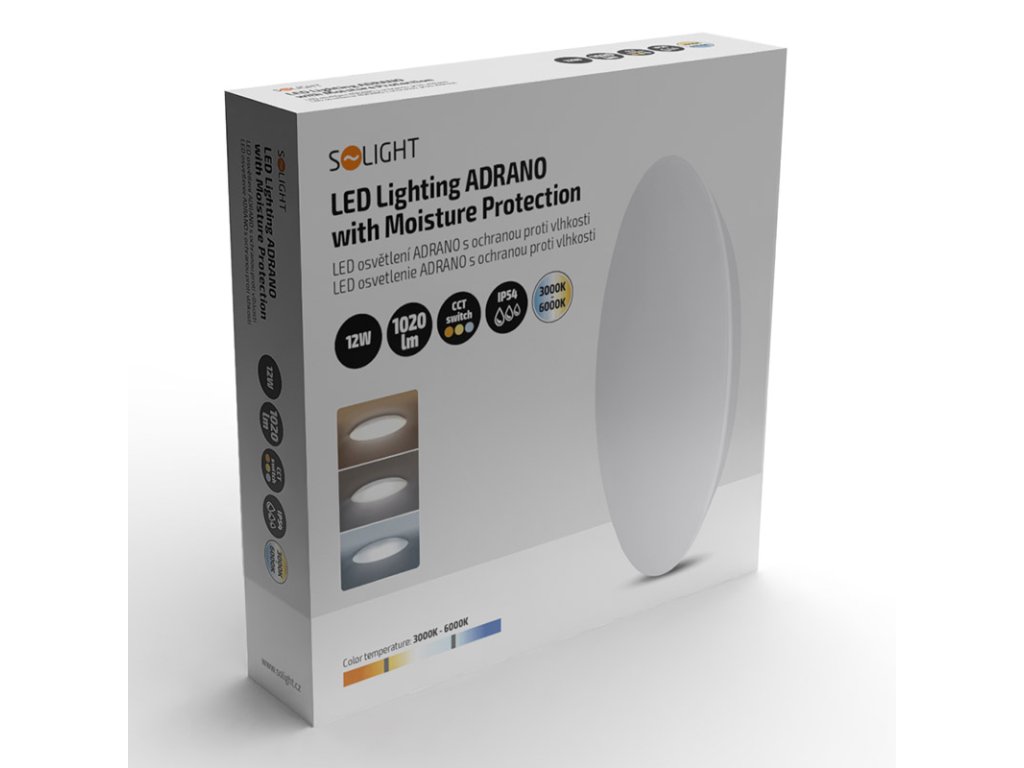 Solight LED osvetlenie Adrano s ochranou proti vlhkosti, IP54, 12W, 1020lm, 3CCT, 23cm