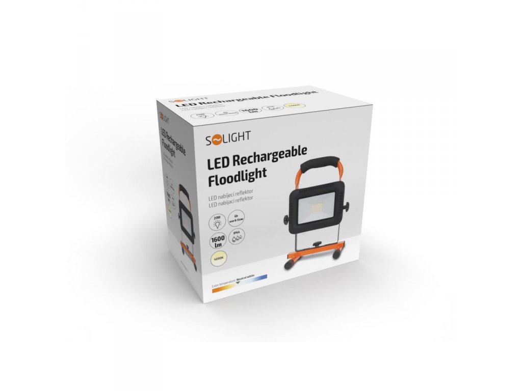 Solight LED reflektor, 20W, prenosný, nabijací, 1600lm, oranžovo-čierny