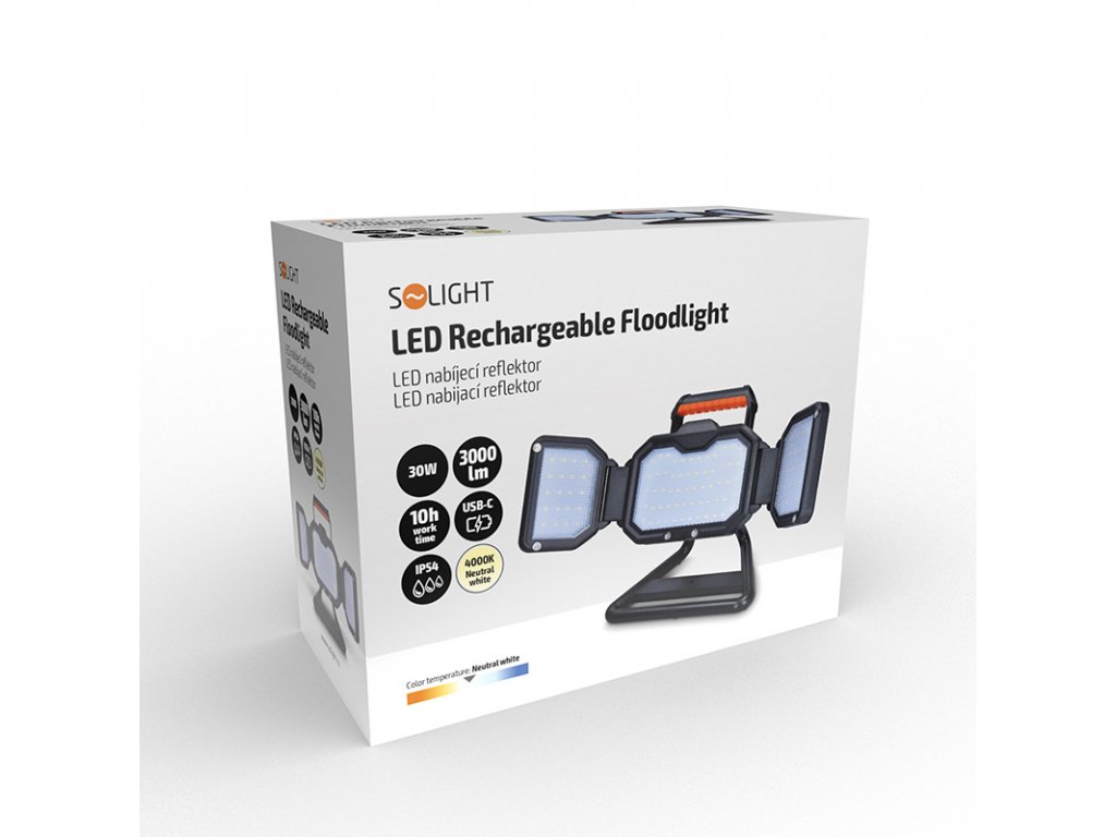 Solight LED reflektor, 30W, prenosný, nabijací, 3000lm, oranžovo-čierny