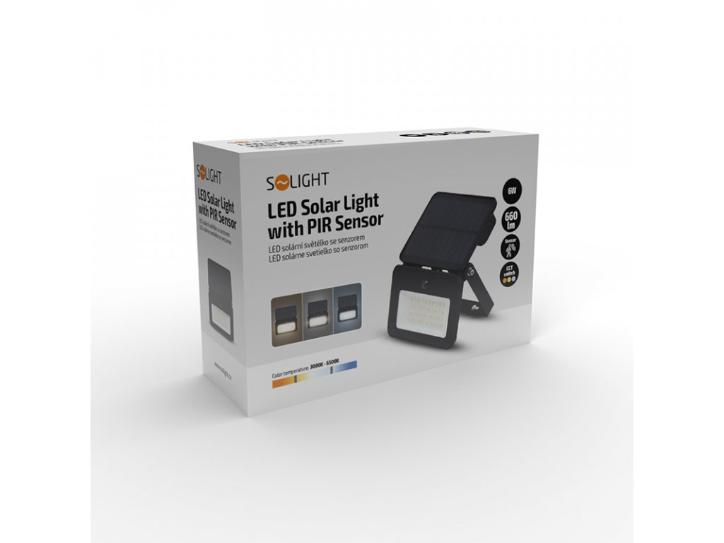 Solight LED solárny reflektor so senzorom, 6W, 660lm, 3CCT, Li-Ion, čierna