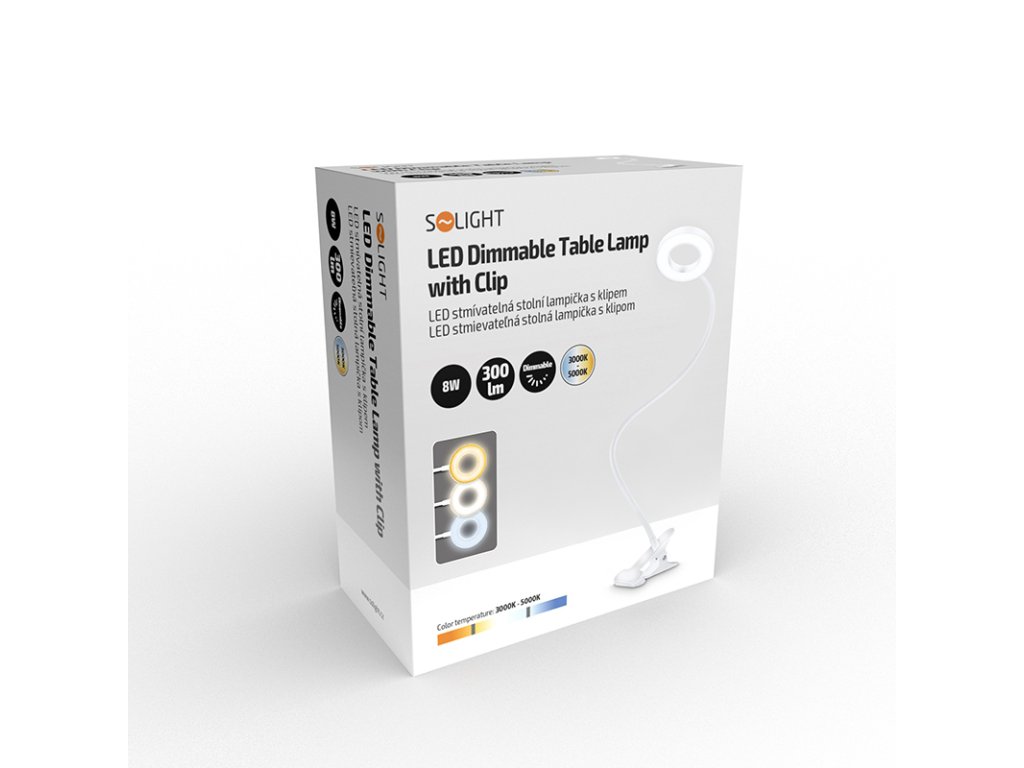 Solight LED stmievateľná stolná lampička s klipom biela, 300lm, nastaviteľná teplota svetla, USB