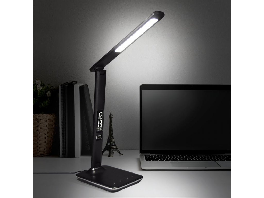Solight LED stolná lampička s displejom, 9W, voľba teploty svetla, koža, čierna