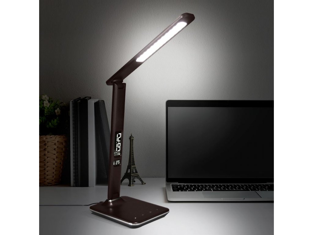 Solight LED stolná lampička s displejom, 9W, voľba teploty svetla, koža, hnedá