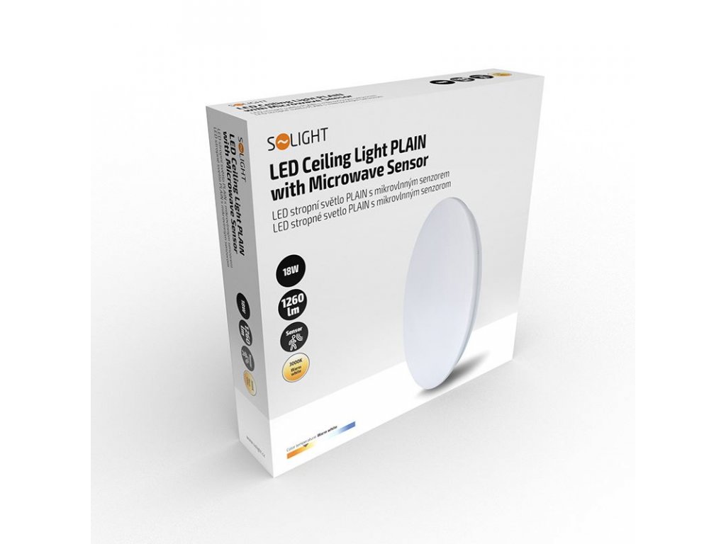 Solight LED stropné svietidlo PLAIN s mikrovlnným senzorom, 18W, 1260lm, 3000K, okrúhle, 33cm