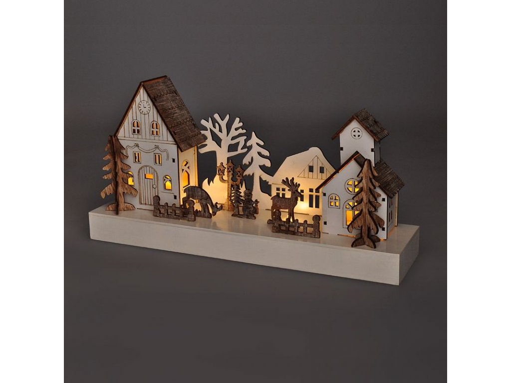 Solight LED vianočná dedinka, 34x17cm, drevo, 4 LED, 2x AA
