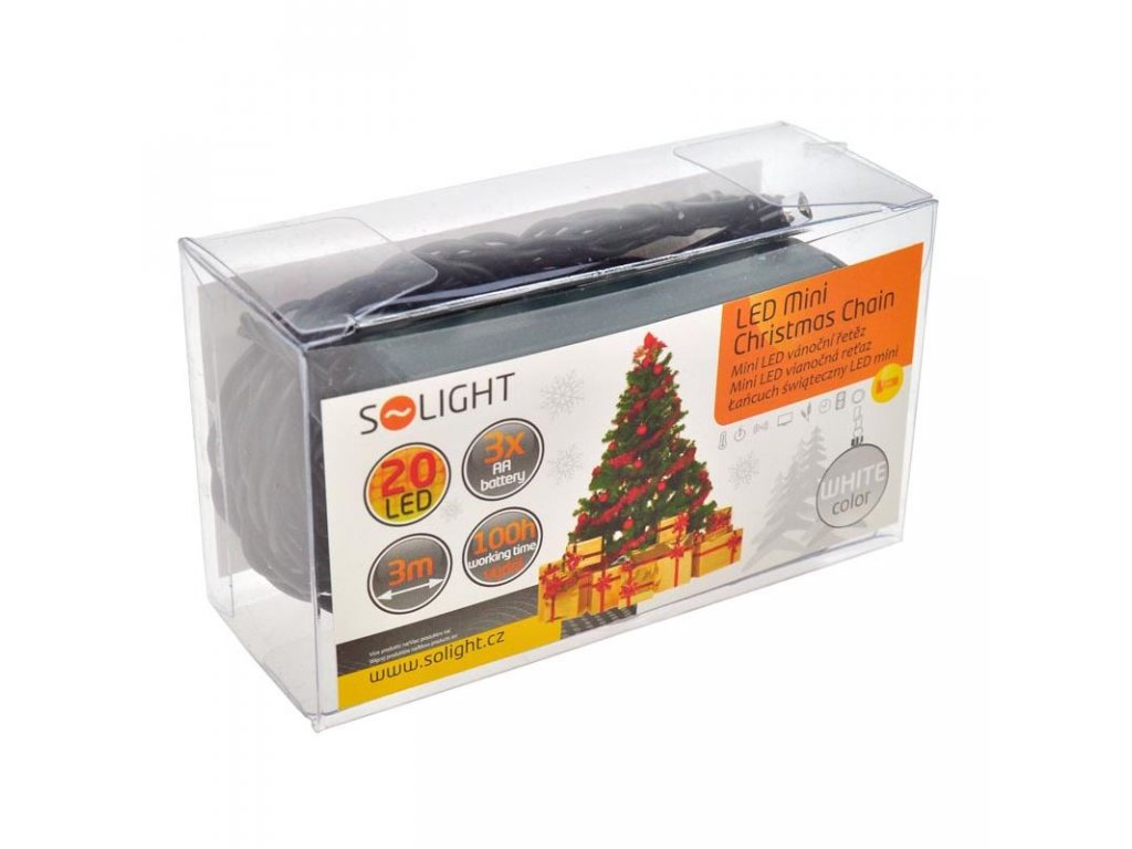 Solight LED vianočná reťaz, 3m, 20xLED, 3x AA, biele svetlo, zelený kábel