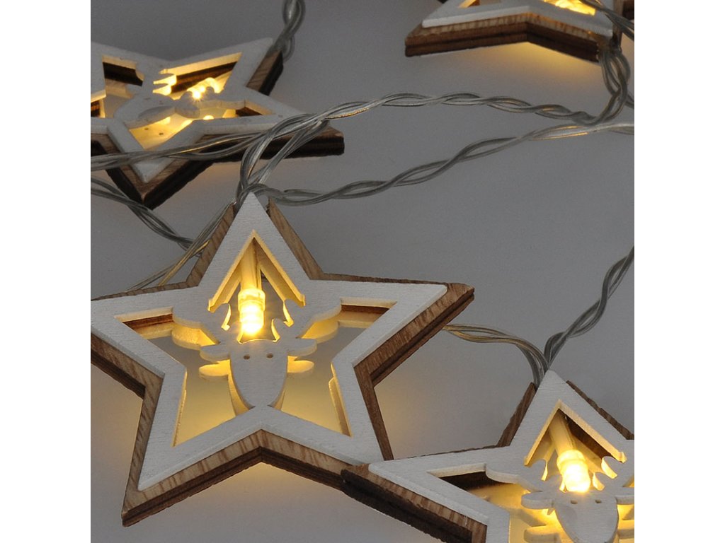 Solight LED vianočná reťaz hviezdy, 10x LED, drevo, 1,5m, 2x AA