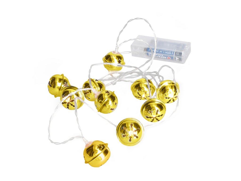 Solight LED vianočná reťaz rolničky, 10x LED, zlatá, 1,5m, 2x AA