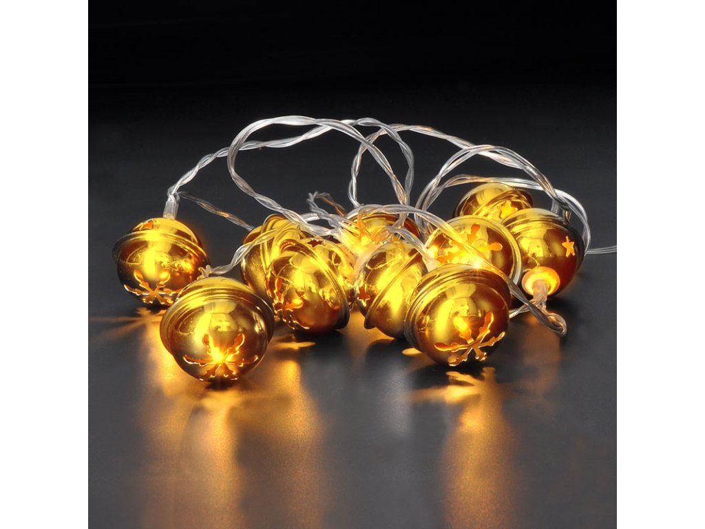 Solight LED vianočná reťaz rolničky, 10x LED, zlatá, 1,5m, 2x AA