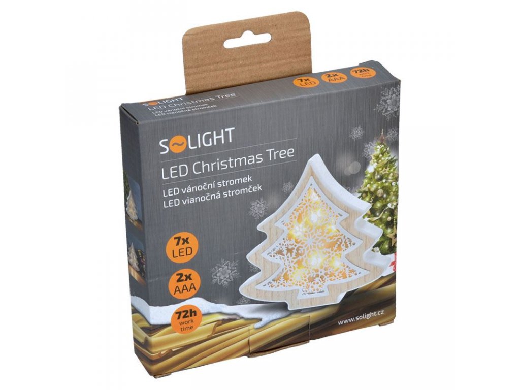 Solight LED vianočný stromček, drevený dekor, 6LED, teplá biela, 2x AAA