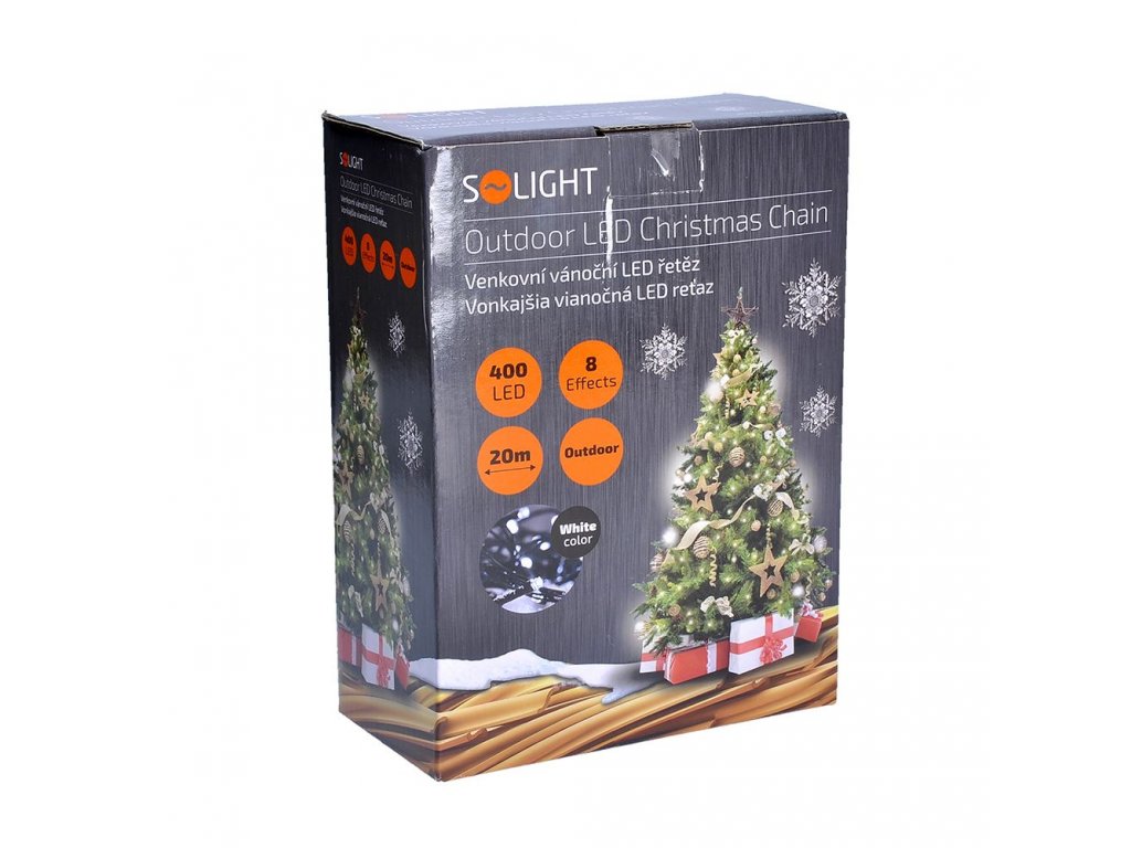 Solight LED vonkajšia vianočná reťaz, 400 LED, 20m, prívod 5m, 8 funkcií, IP44, studená biela