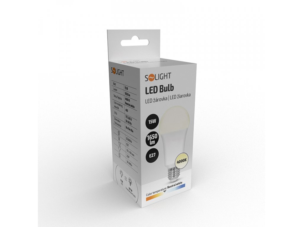 Solight LED žiarovka, klasický tvar, 15W, E27, 4000K, 220°, 1650lm