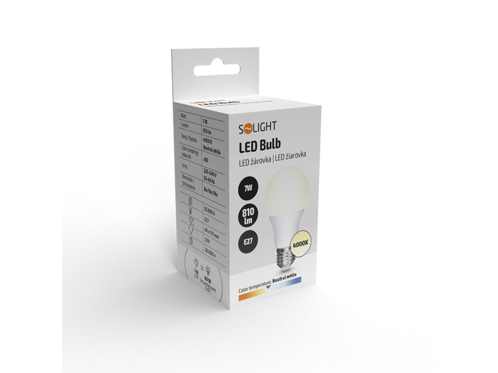 Solight LED žiarovka, klasický tvar, 7W, E27, 4000K, 270°, 810lm