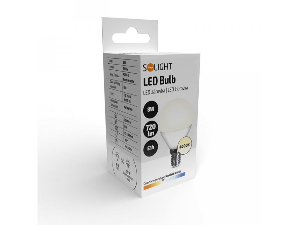 Solight LED žiarovka, miniglobe, 8W, E14, 4000K, 720lm, biele prevedenie