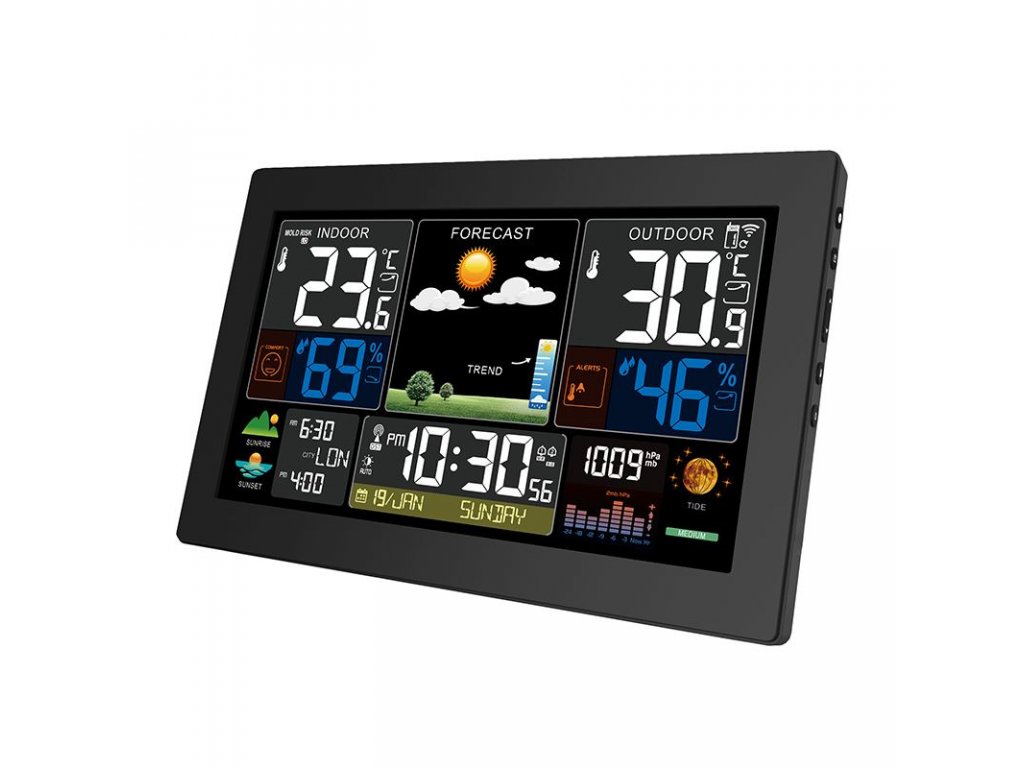 Solight meteostanica, XL farebný LCD, teplota, vlhkosť, tlak, RCC, čierna