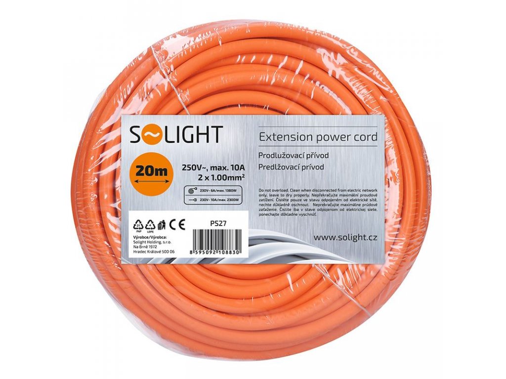 Solight pohyblivý prívod - spojka, 1 zásuvka, 20m, 2 x 1mm2, oranžová, plochá