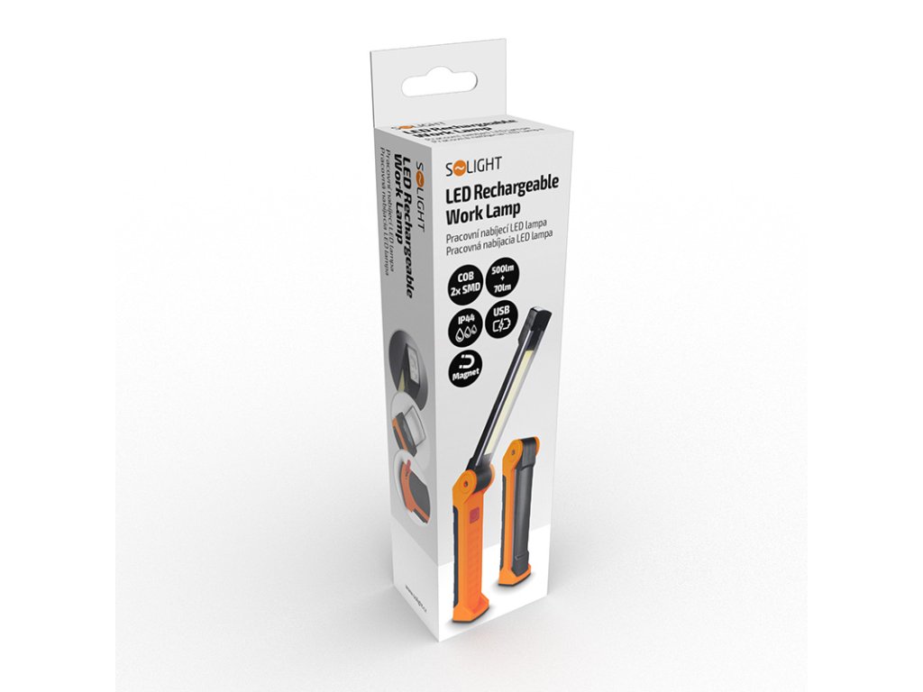 Solight pracovná nabíjacia LED lampa, 500lm + 70lm, COB, Li-Ion, USB, čiernooranžová