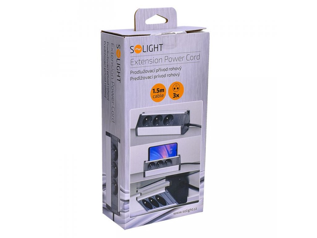 Solight predlžovací prívod, 3 zásuvky, 1,5m, 3 x 1mm2, hliník, rohový dizajn