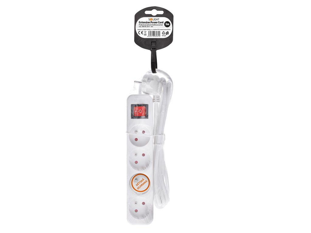 Solight predlžovací prívod 3m, 4 zásuvky, vypínač, 16A/3680W, PVC, biely