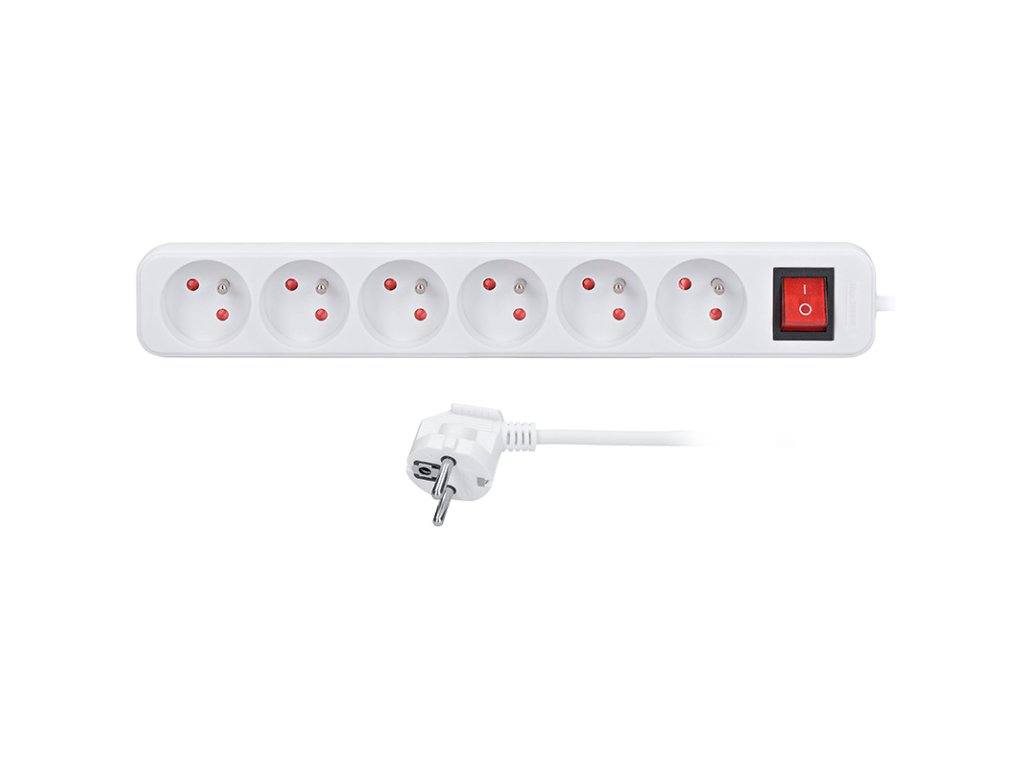 Solight predlžovací prívod 3m, 6 zásuviek, vypínač, 16A/3680W, PVC, biely