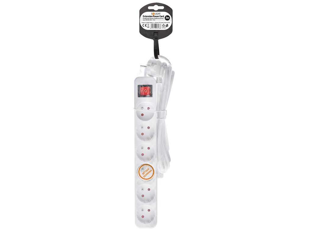 Solight predlžovací prívod 3m, 6 zásuviek, vypínač, 16A/3680W, PVC, biely
