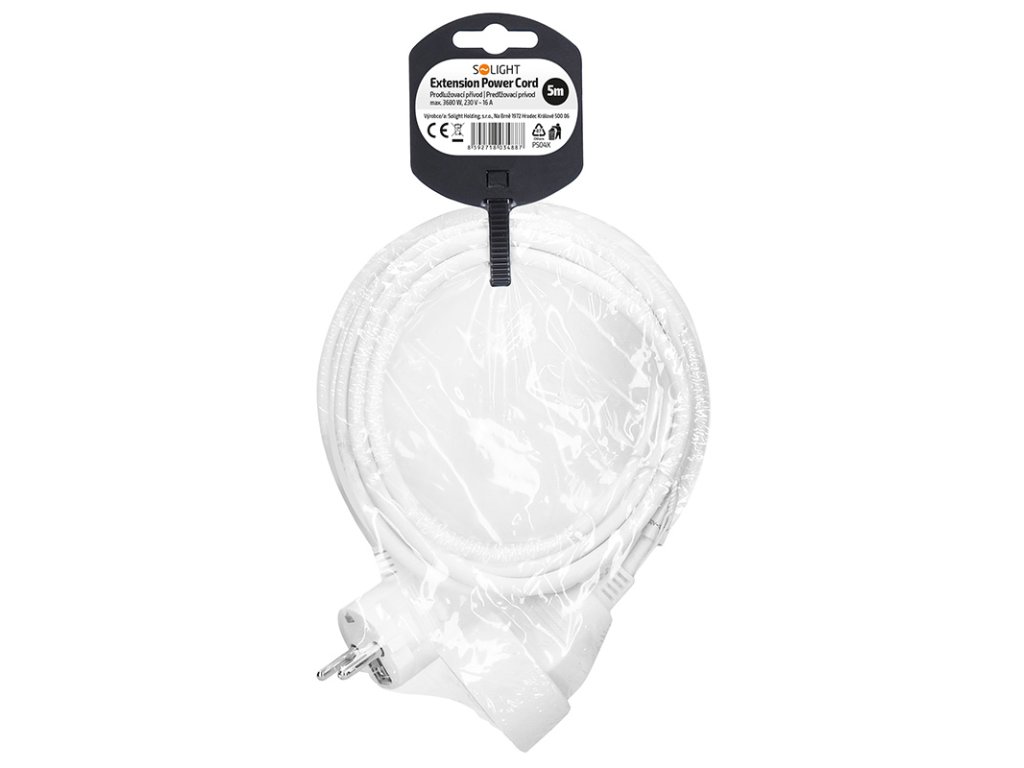 Solight predlžovací prívod 5m, 1 zásuvka, 16A/3680W, PVC, biely