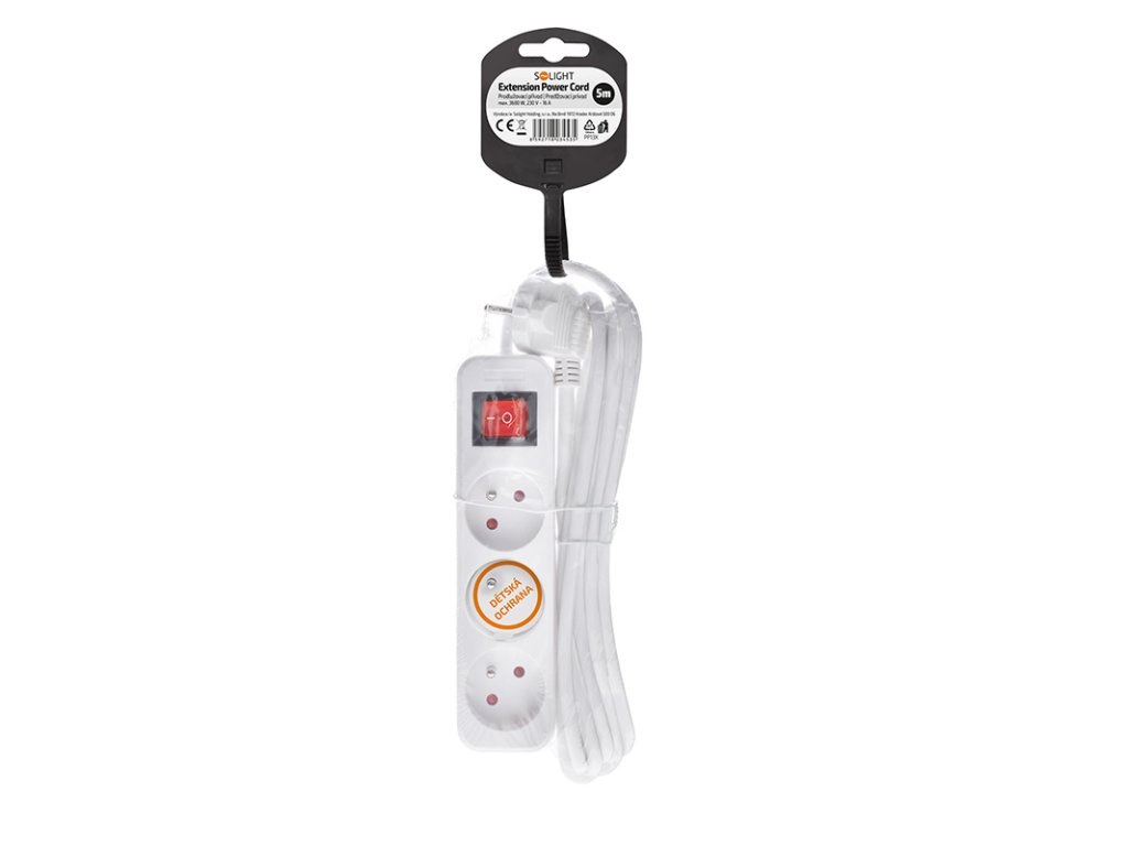 Solight predlžovací prívod 5m, 3 zásuvky, vypínač, 16A/3680W, PVC, biely