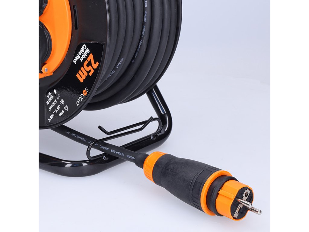 Solight predlžovací prívod - na bubne, 4 zásuvky, 25m kábel guma-neoprén, 3x 2,5mm2, IP44
