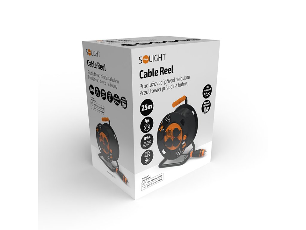 Solight predlžovací prívod - na bubne, 4 zásuvky, 25m kábel guma-neoprén, 3x 2,5mm2, IP44