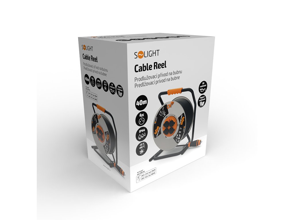Solight predlžovací prívod - na kovovom bubne, 4 zásuvky, 40m kábel guma-neoprén, 3x 2,5mm2, IP44