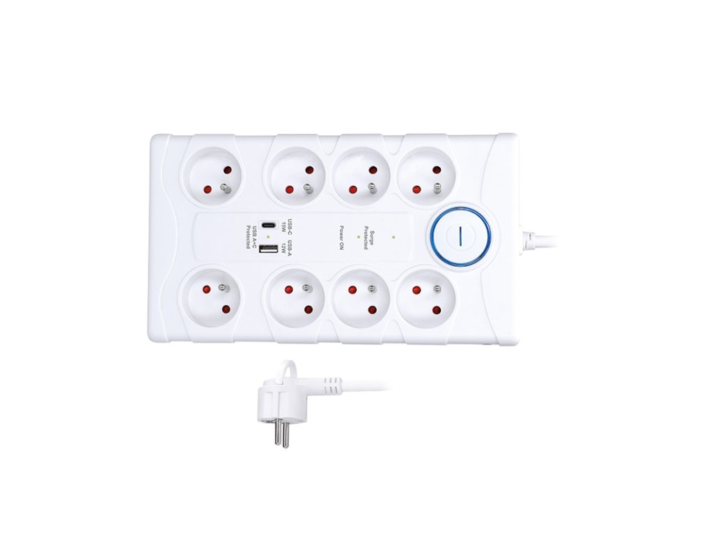 Solight prepäťová ochrana, 8z, USB A+C, 2m, biela