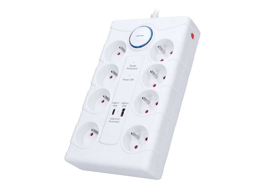 Solight prepäťová ochrana, 8z, USB A+C, 2m, biela