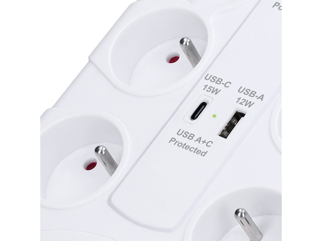 Solight prepäťová ochrana, 8z, USB A+C, 2m, biela