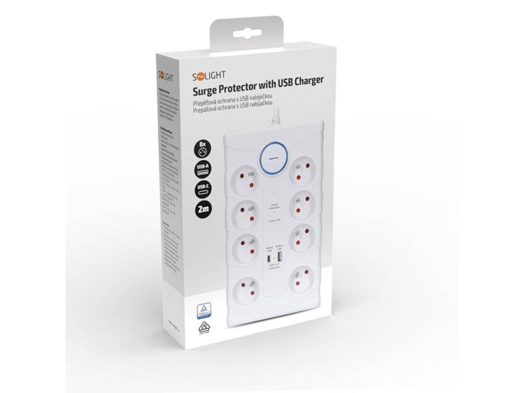 Solight prepäťová ochrana, 8z, USB A+C, 2m, biela