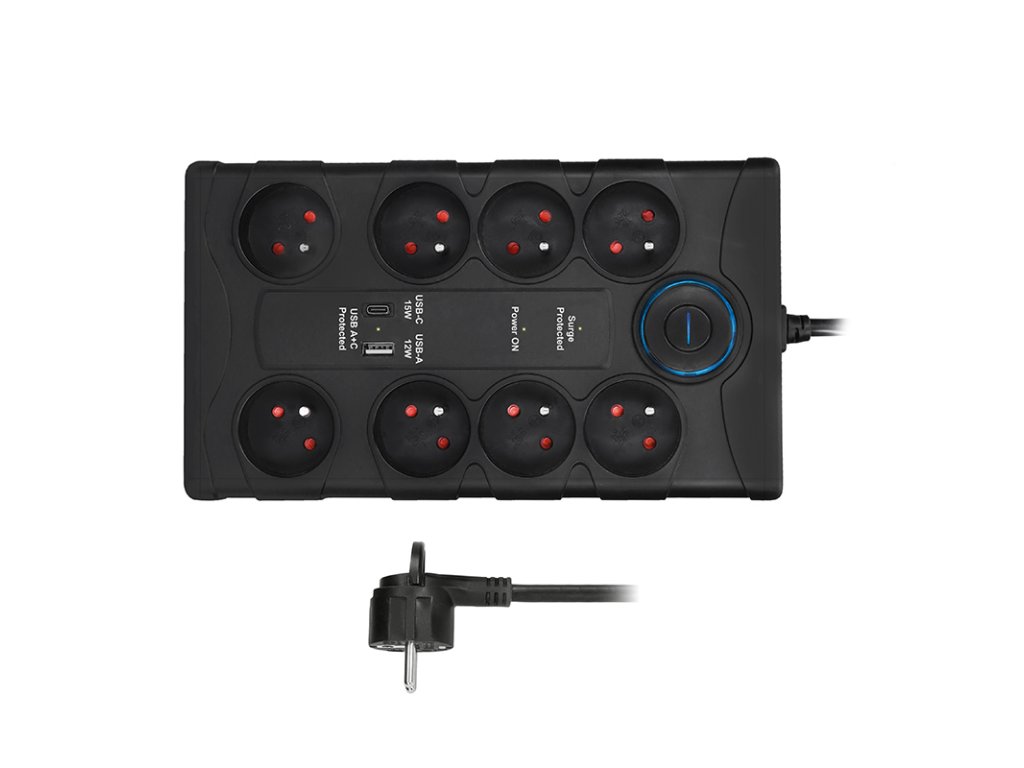 Solight prepäťová ochrana, 8z, USB A+C, 2m, čierna