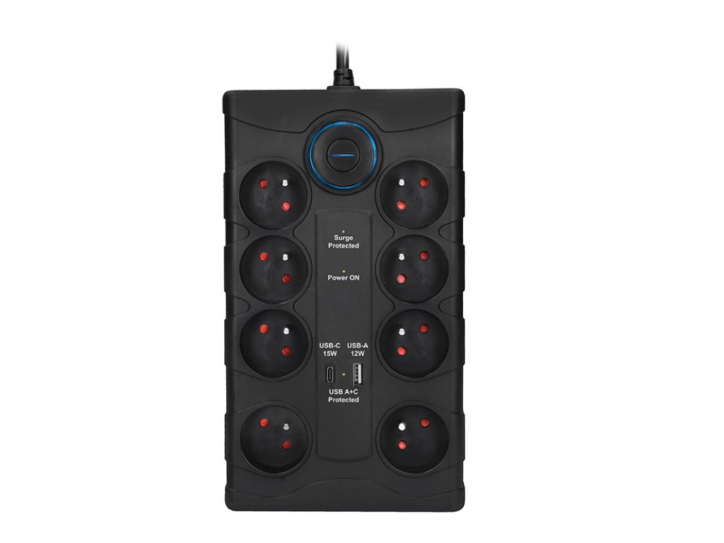 Solight prepäťová ochrana, 8z, USB A+C, 2m, čierna
